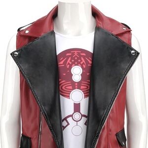 Men's Red and Black Faux Leather Motorcycle Vest and white shirt.